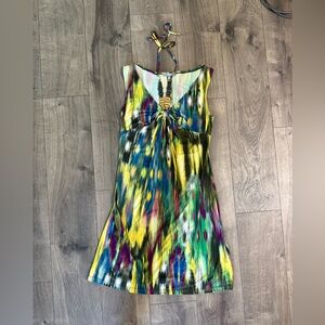 Vibrant Multicolor Mini Dress w/ Beaded Décolletage – Size S